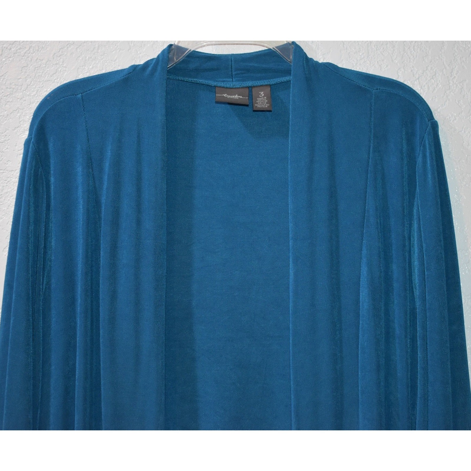 Chicos Travelers Teal Blue Open Front Slinky Knit Cardigan Jacket Size 3 XL