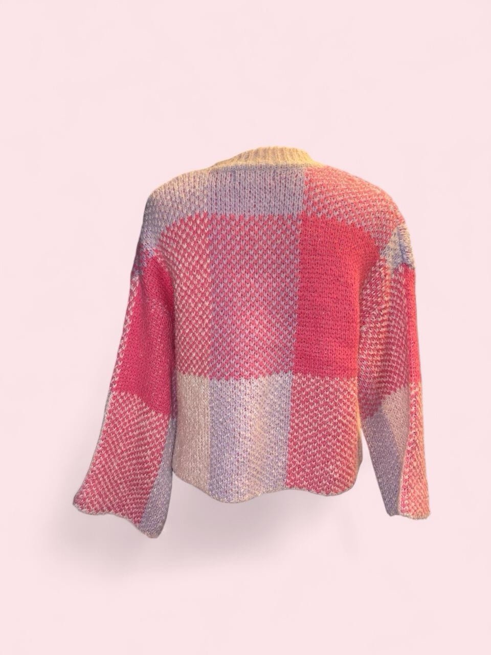 Jessica Simpson Women’s Pink Beige Purple Check Knit Crewneck Pullover XS