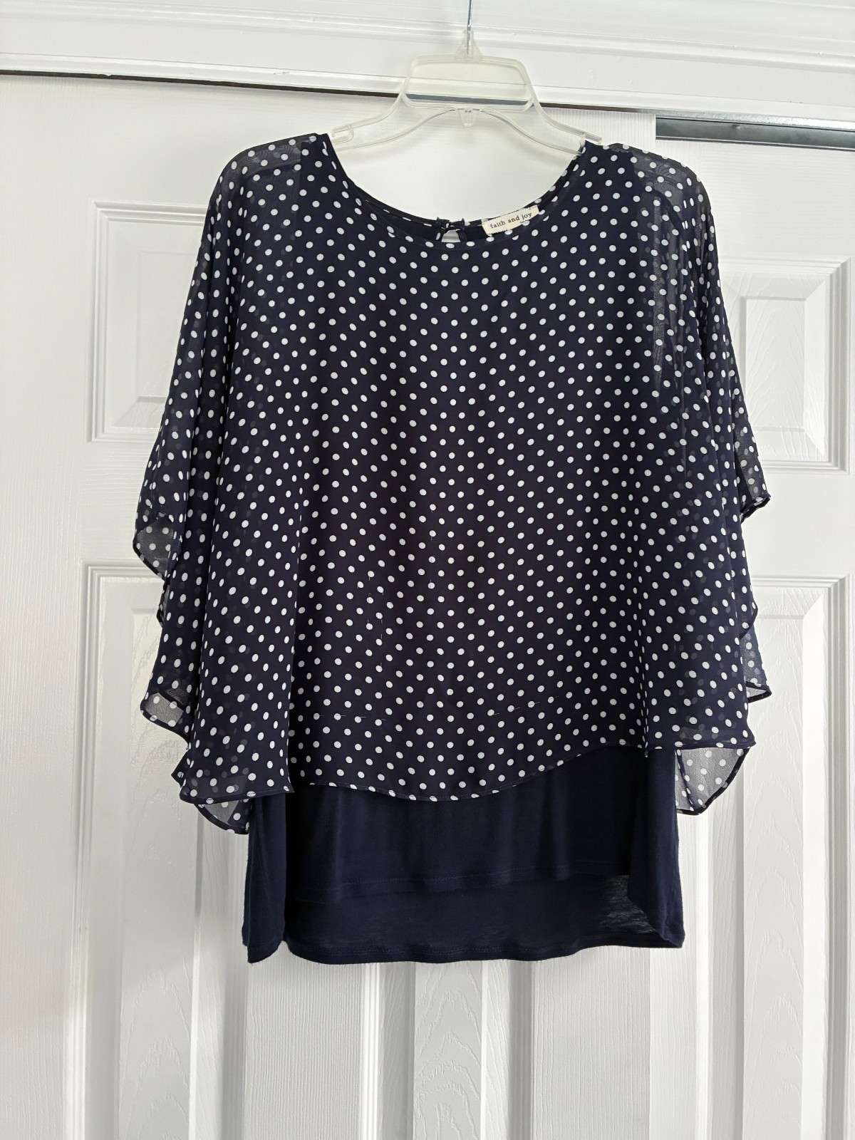 Faith and Joy Navy/White Polka Dot Blouse, Attached Navy Under Blouse=XL