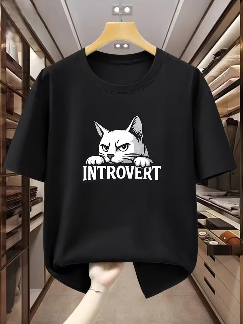 Men’s Introvert Cat T-Shirt Cartoon White Cat Graphic Print Casual Summer Tee