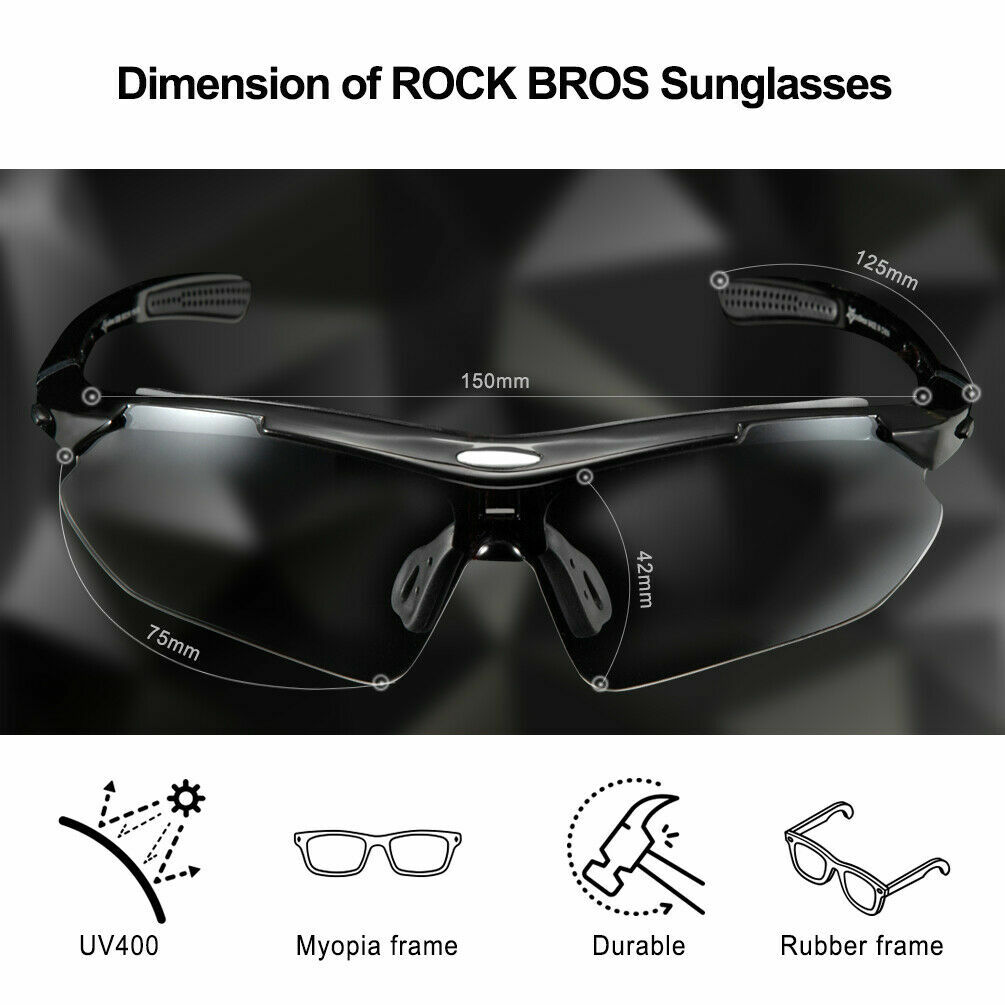 ROCKBROS Cycling Glasses Transparent Photochromatic Sport Sunglasses UV400 Black