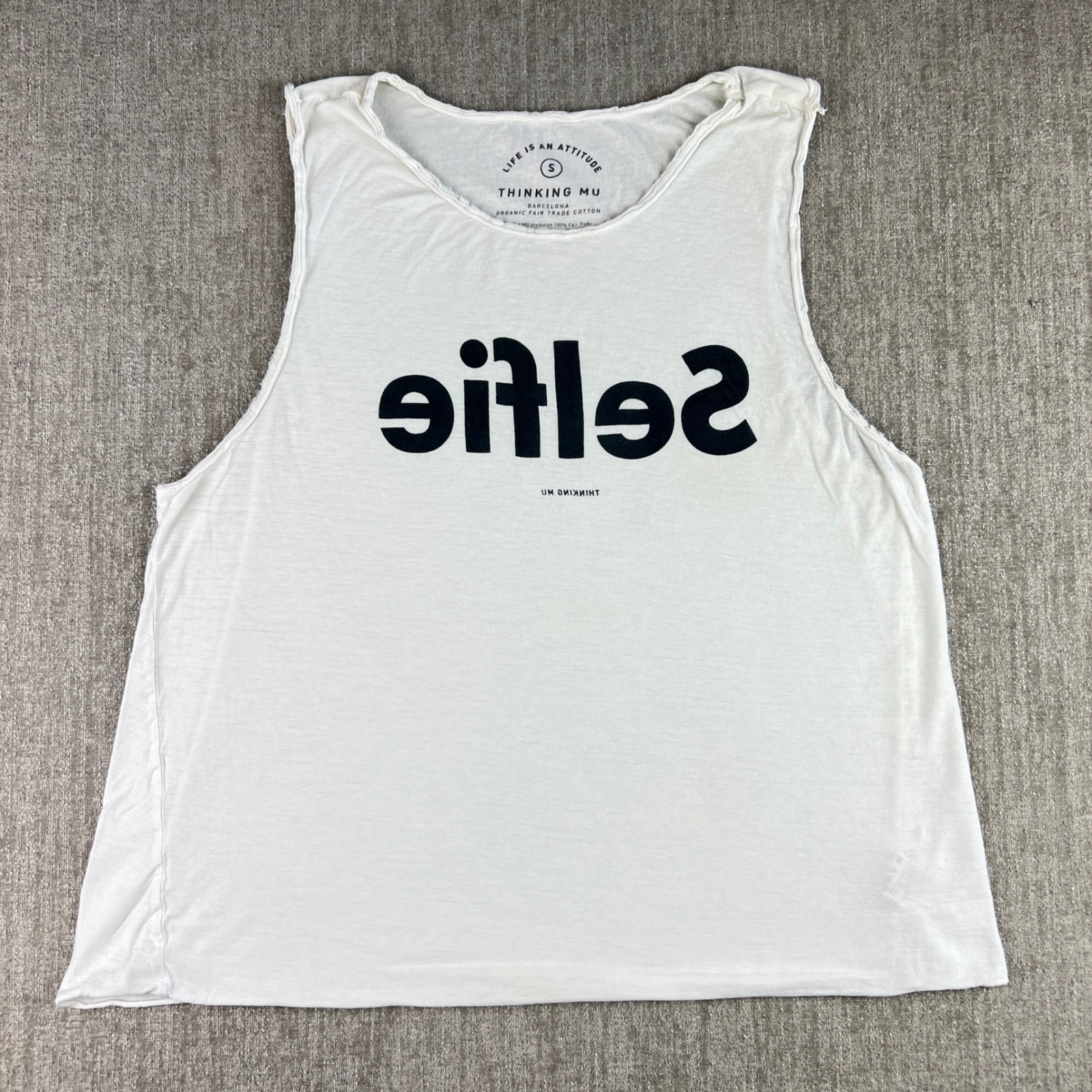 Thinking MU Tank Top Womens Small White Selfie Graphic Organic Cotton Sleeveless