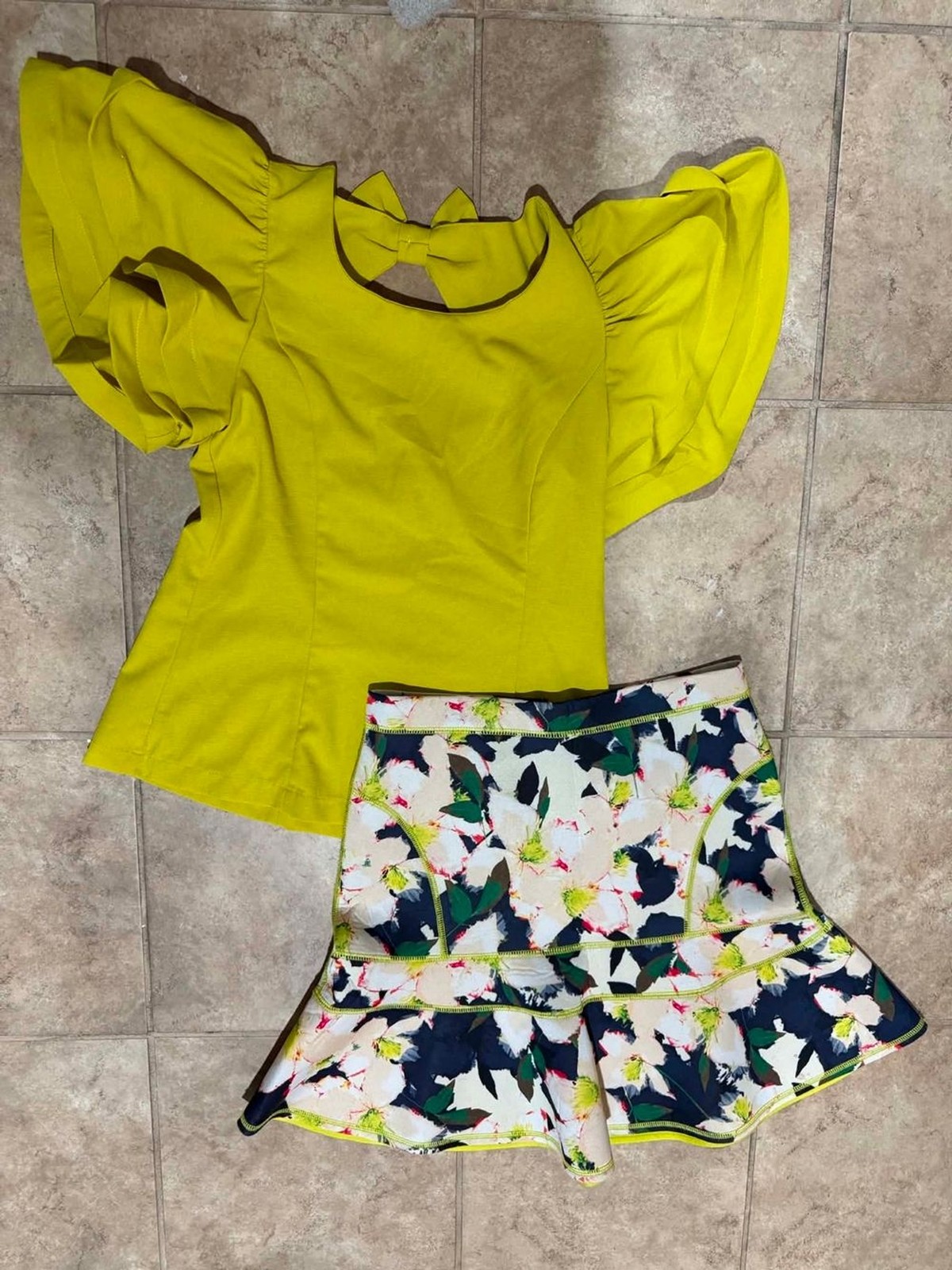 Bright Yellow Ruffle Sleeve Top with Bow On Back