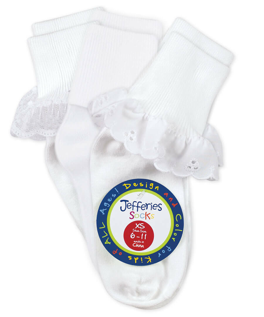 Jefferies Socks Girls Lace Easter Eyelet Fancy Tutu White Cotton Turn Cuff 3 PK