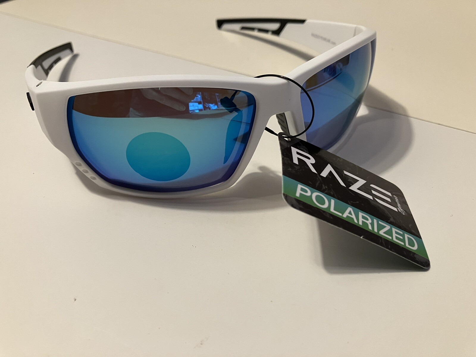 RAZE Eyewear Sunglasses Sonar Polarized White Blue Mirror Smoke 28444