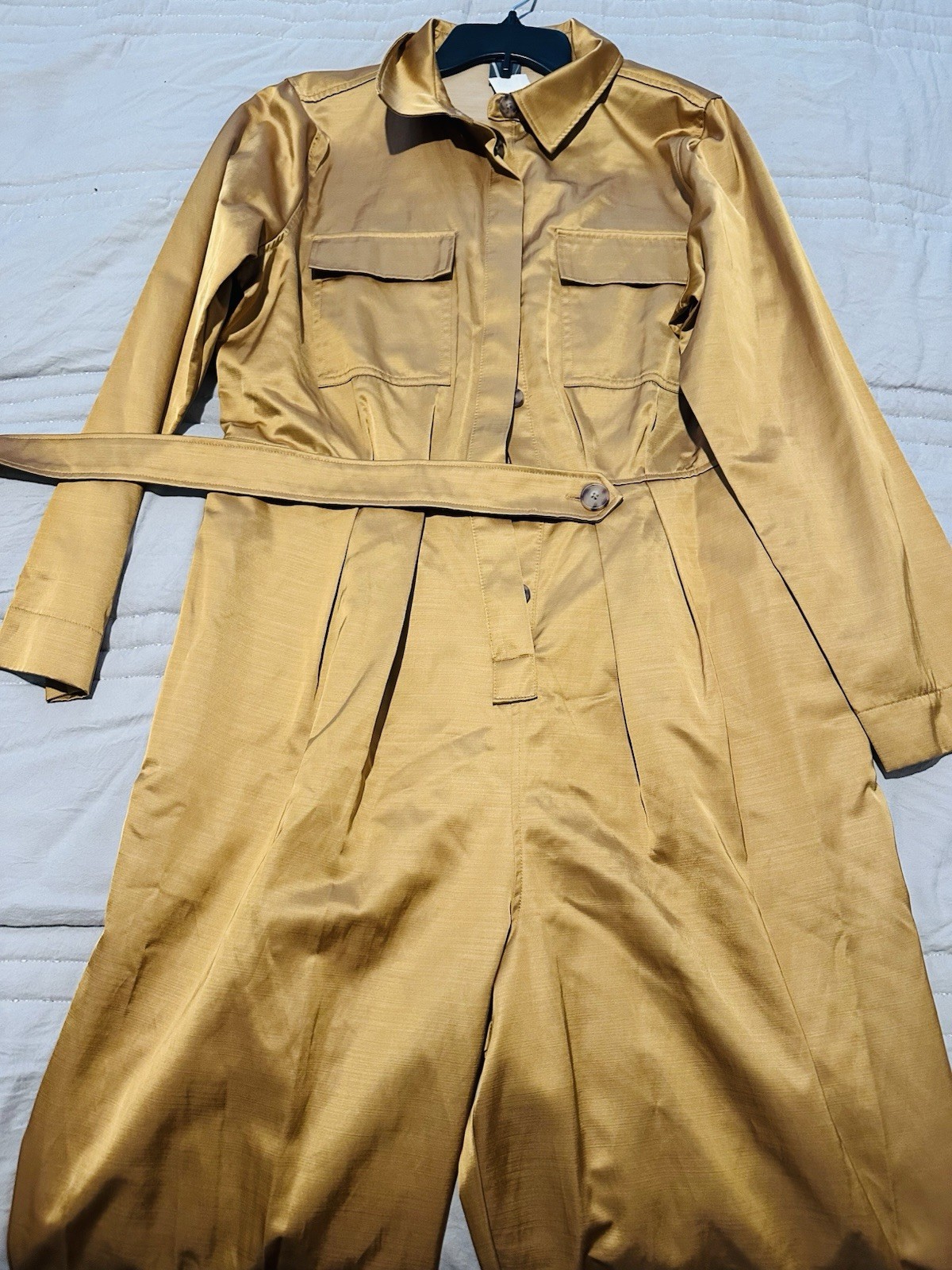 Worthington Gold Satin Long-Sleeve Jumpsuit Size L New With Tags Button Front