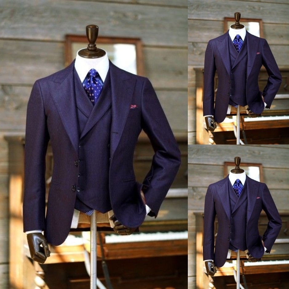 Navy Blue 3Pcs Men’s Suits Business Dinner Jacket Party Wear Peak Lapel Coat