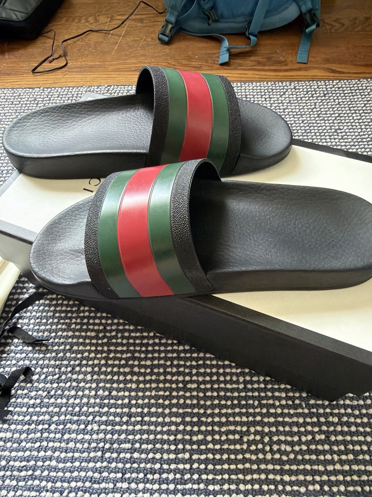 Gucci Men’s Web Stripe Slide Sandals Black Green Red Rubber US 10/ UK 9