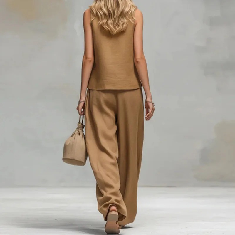 Bohemian High Waist 2Pcs Suit Women Stand Neck Sleeveless Button Vest Oversized
