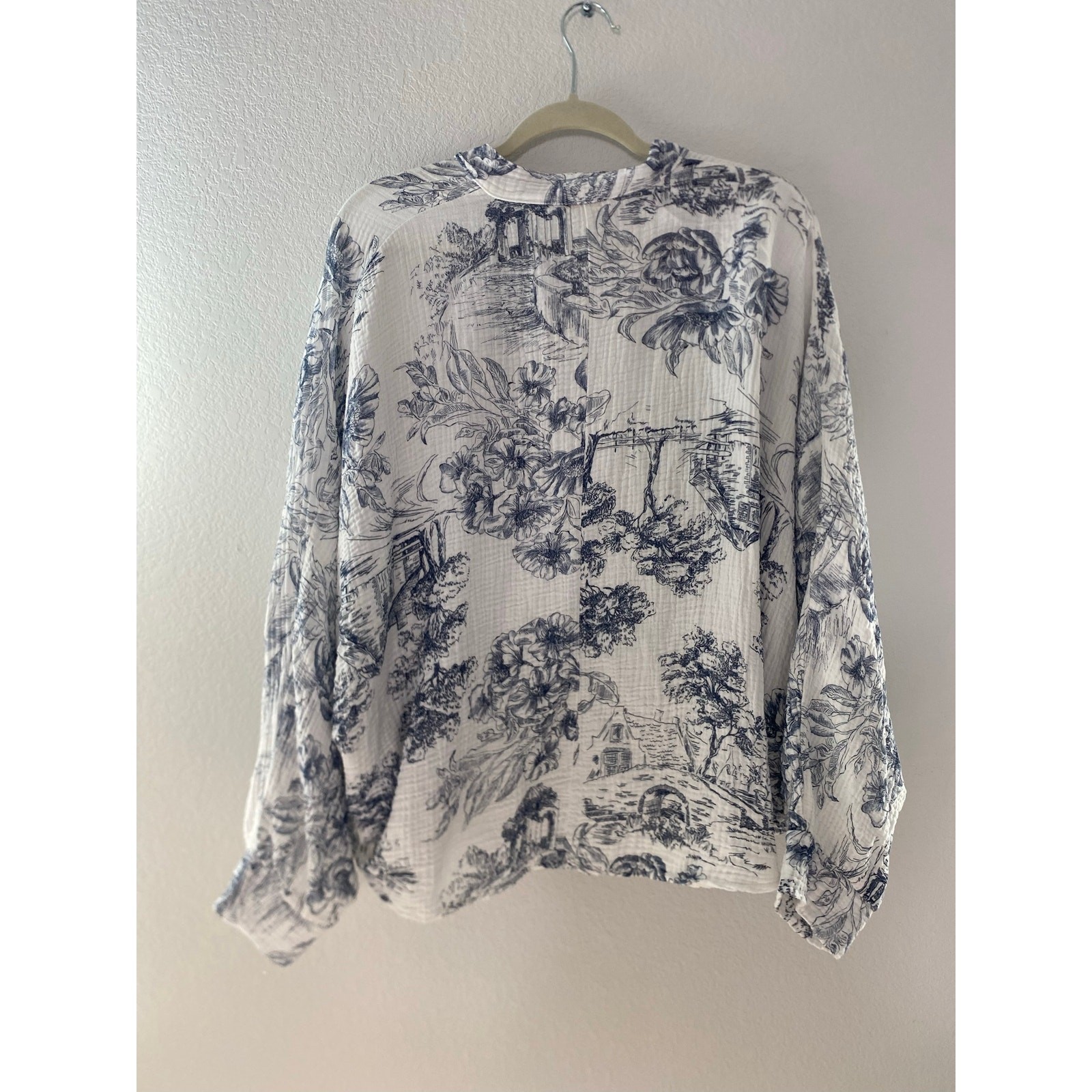 Milo Milano Blue White Toile Print Cotton Gauze Cardigan Dolman Sleeve Size M