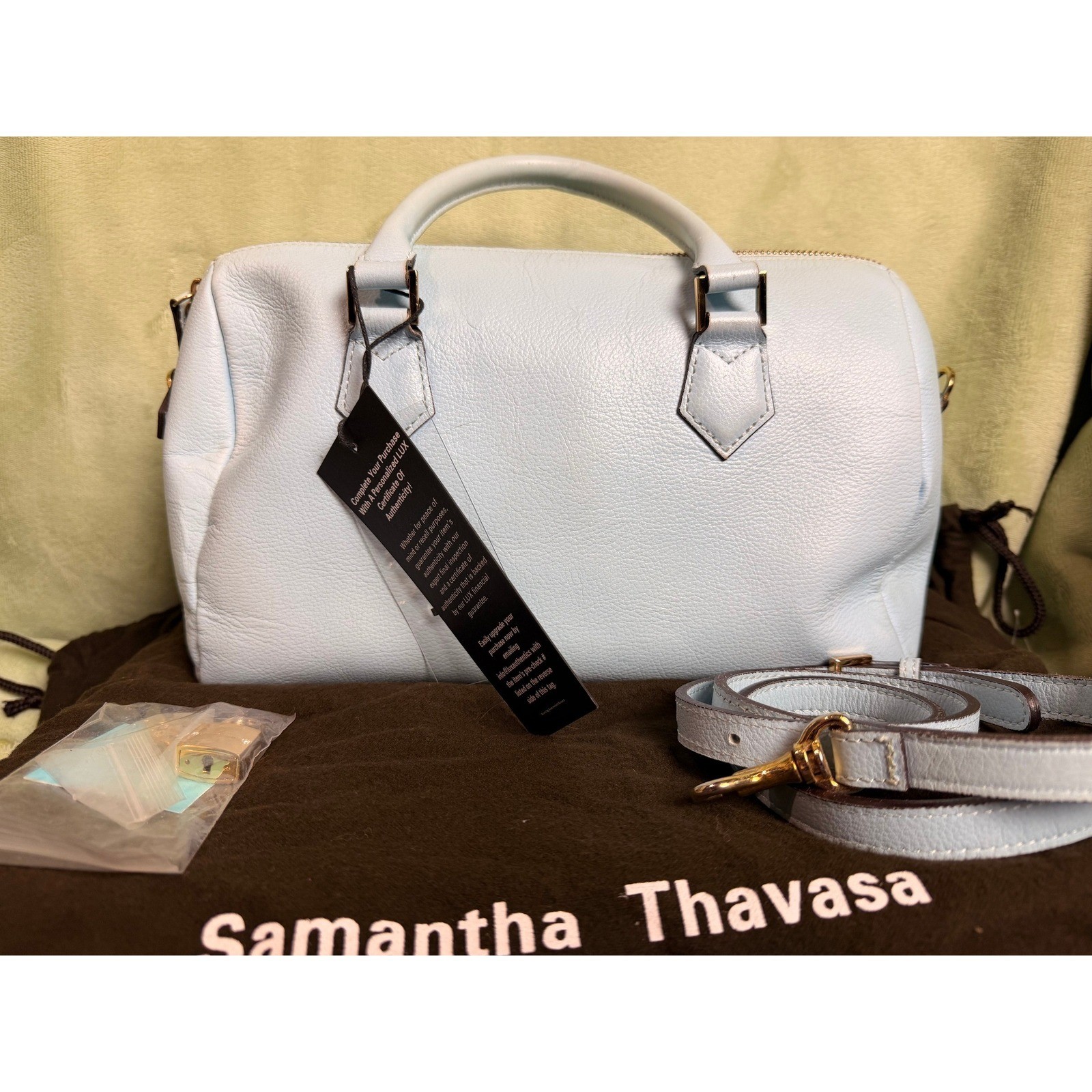Samantha Thavasa Light Blue Pebbled Leather Satchel Bag with Gold Hardware