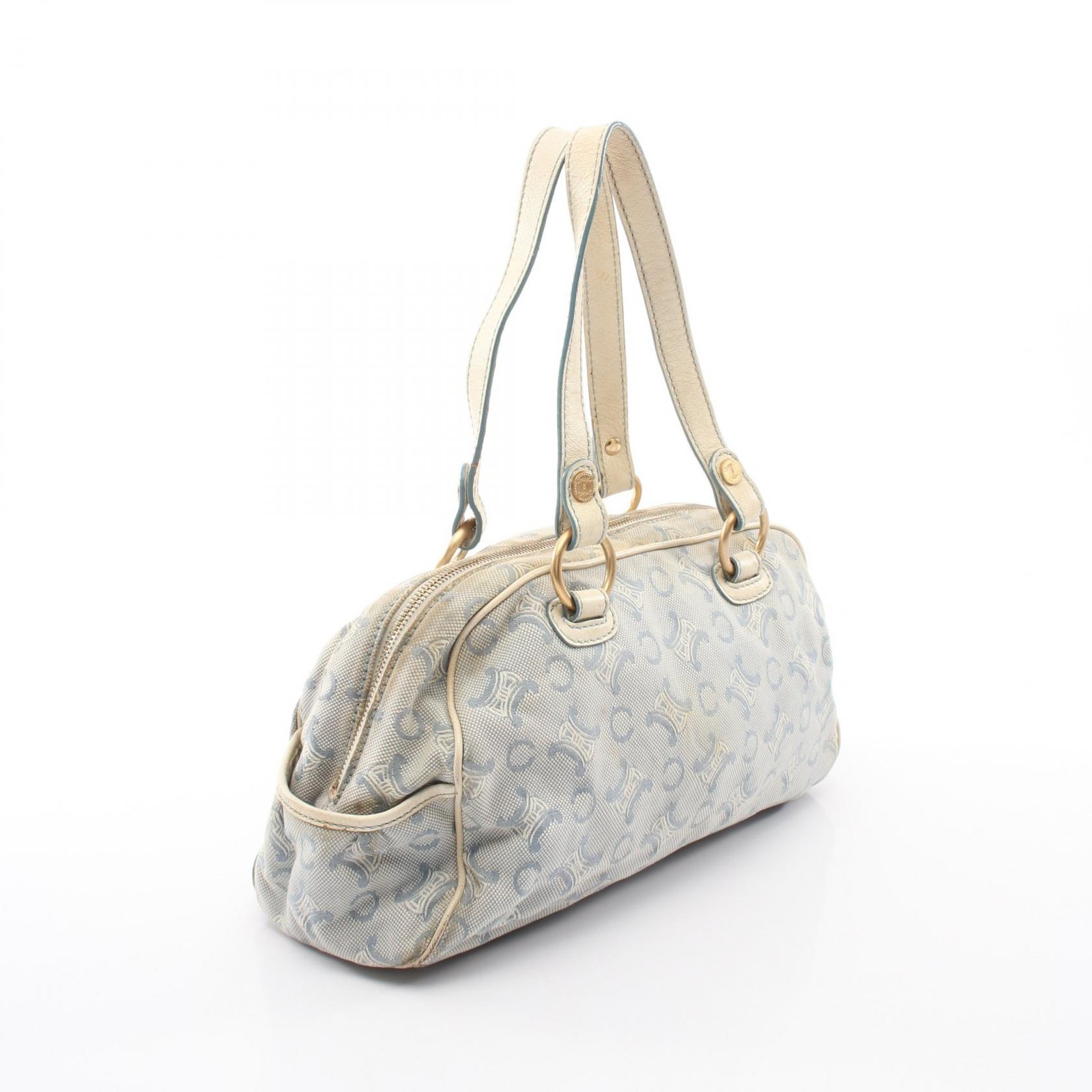 CELINE C Macadam Shoulder Handbag canvas leather Blue White Used Women