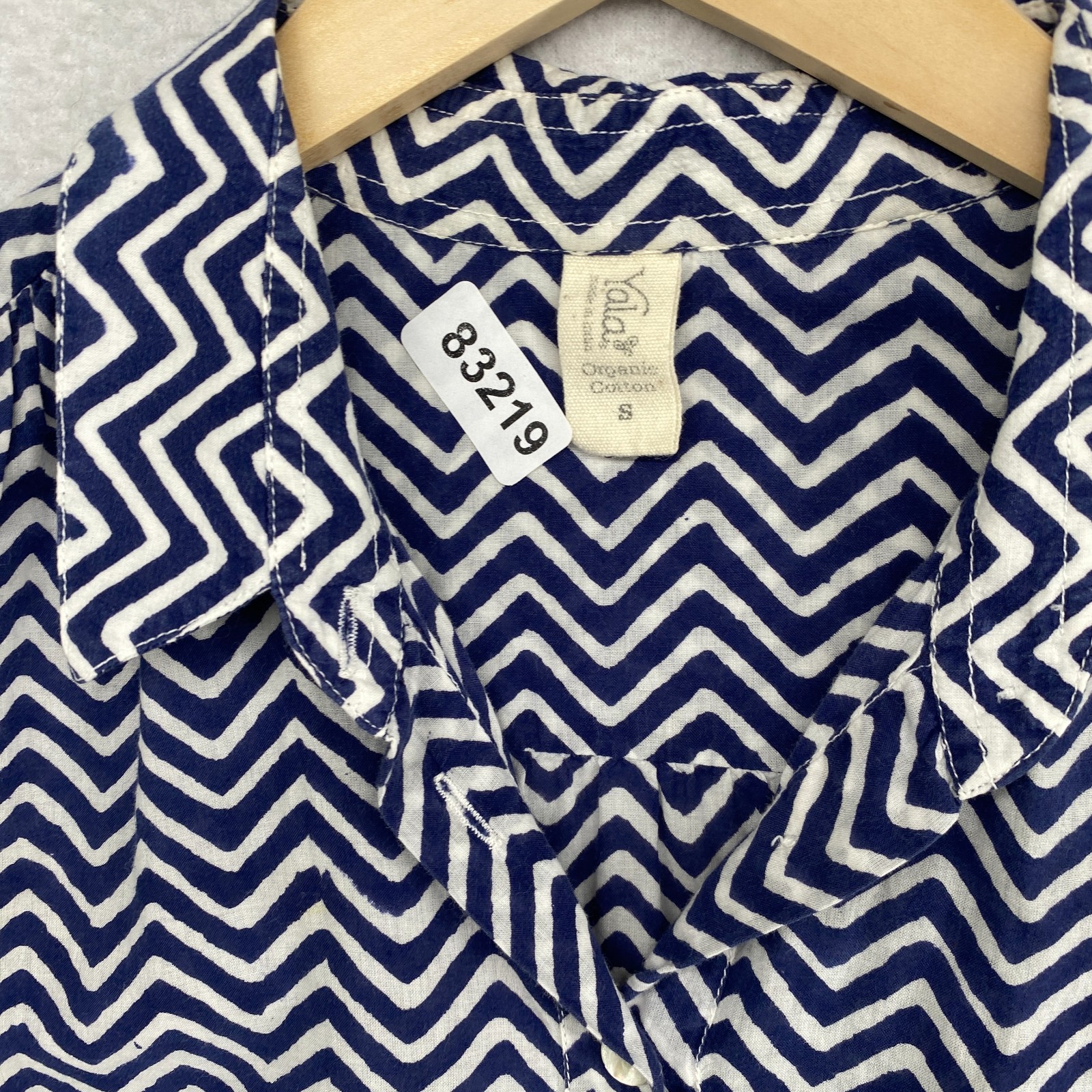 YALA Tunic Womens S Organic Cotton Chevron Sleeveless Shirt Button Up Blue India