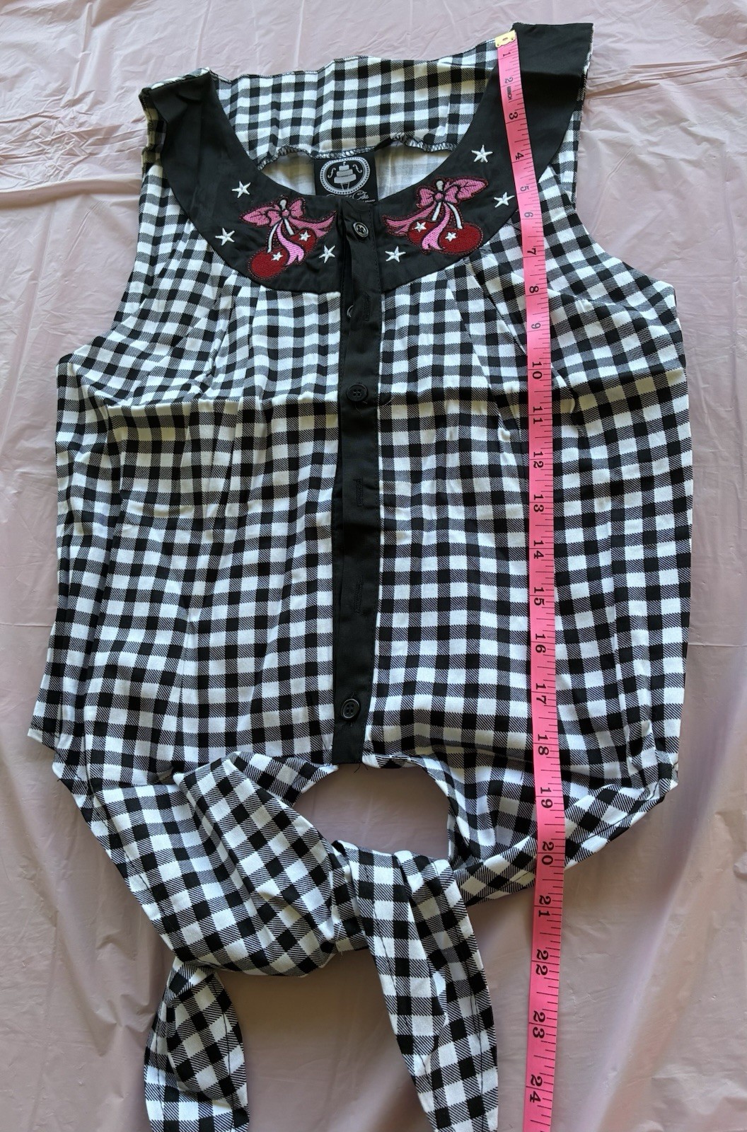 Banjo & Cake Women’s Top Shirt Gingham Sleeveless Button-Up Embroidered Tie Sz S