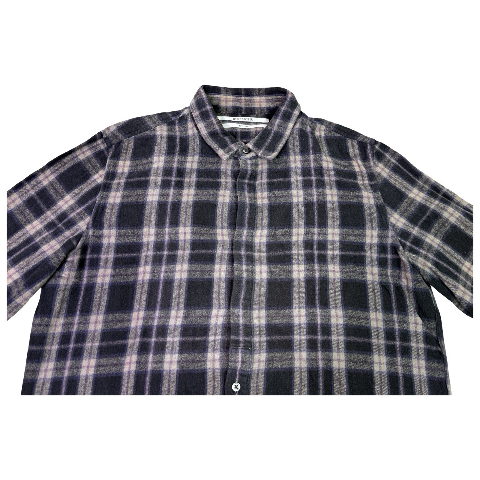 Robert Geller Shirt Men’s 52 Black Purple Plaid Lightweight Flannel Long Front