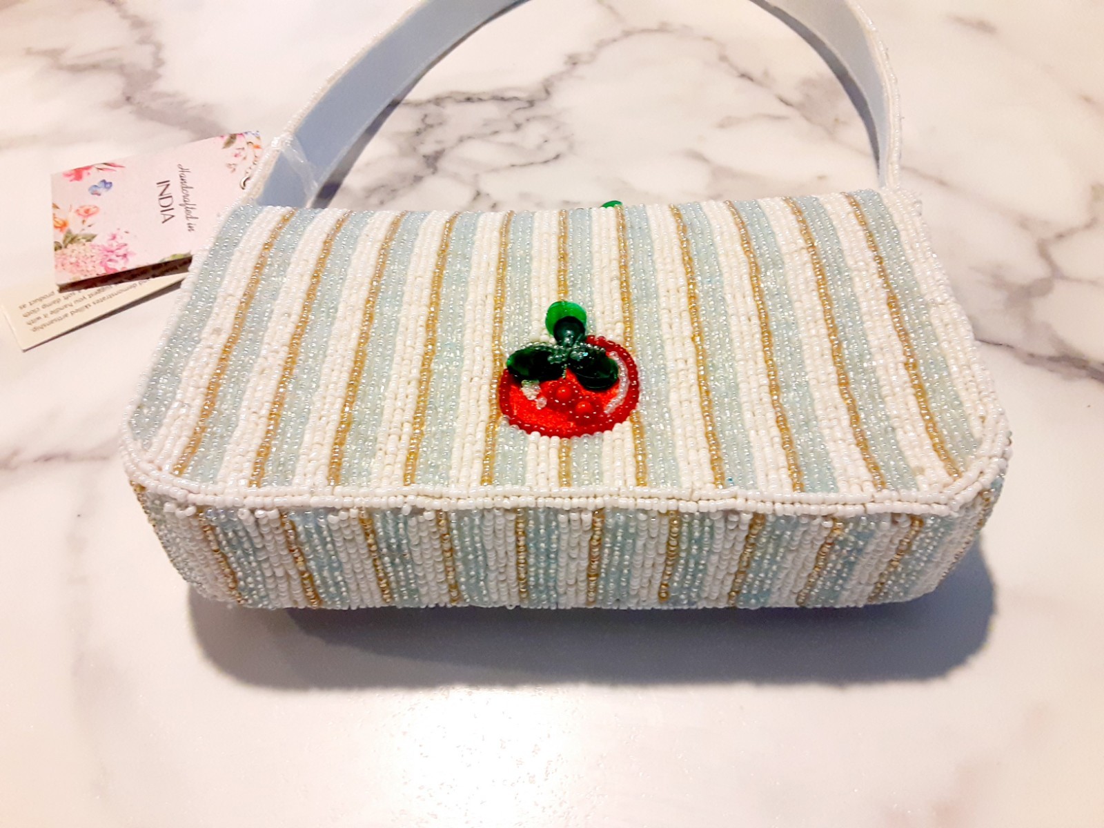 Made in India Beaded Tomato Striped Mini Shoulder Bag Purse White Gold Mint