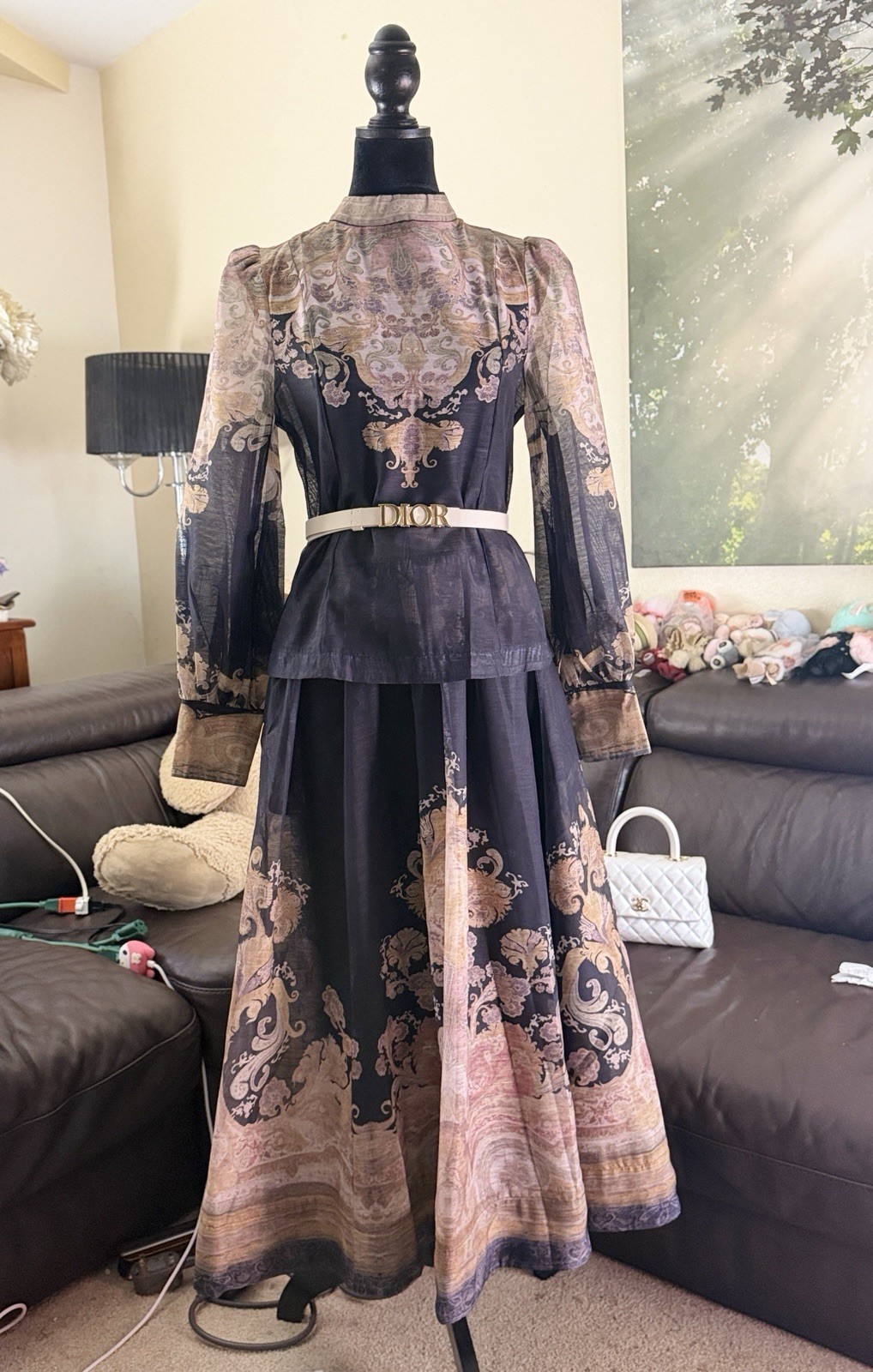Women’s 2 piece set Black Beige Paisley Chiffon Maxi Dress High Neck Puff Sleeve