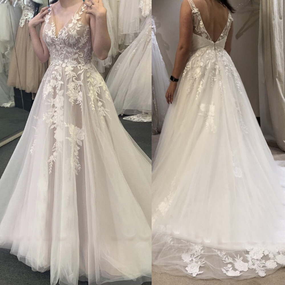 Boho V Neck Sleeveless Wedding Dresses Lace Appliques Sweep Train Bridal Gowns