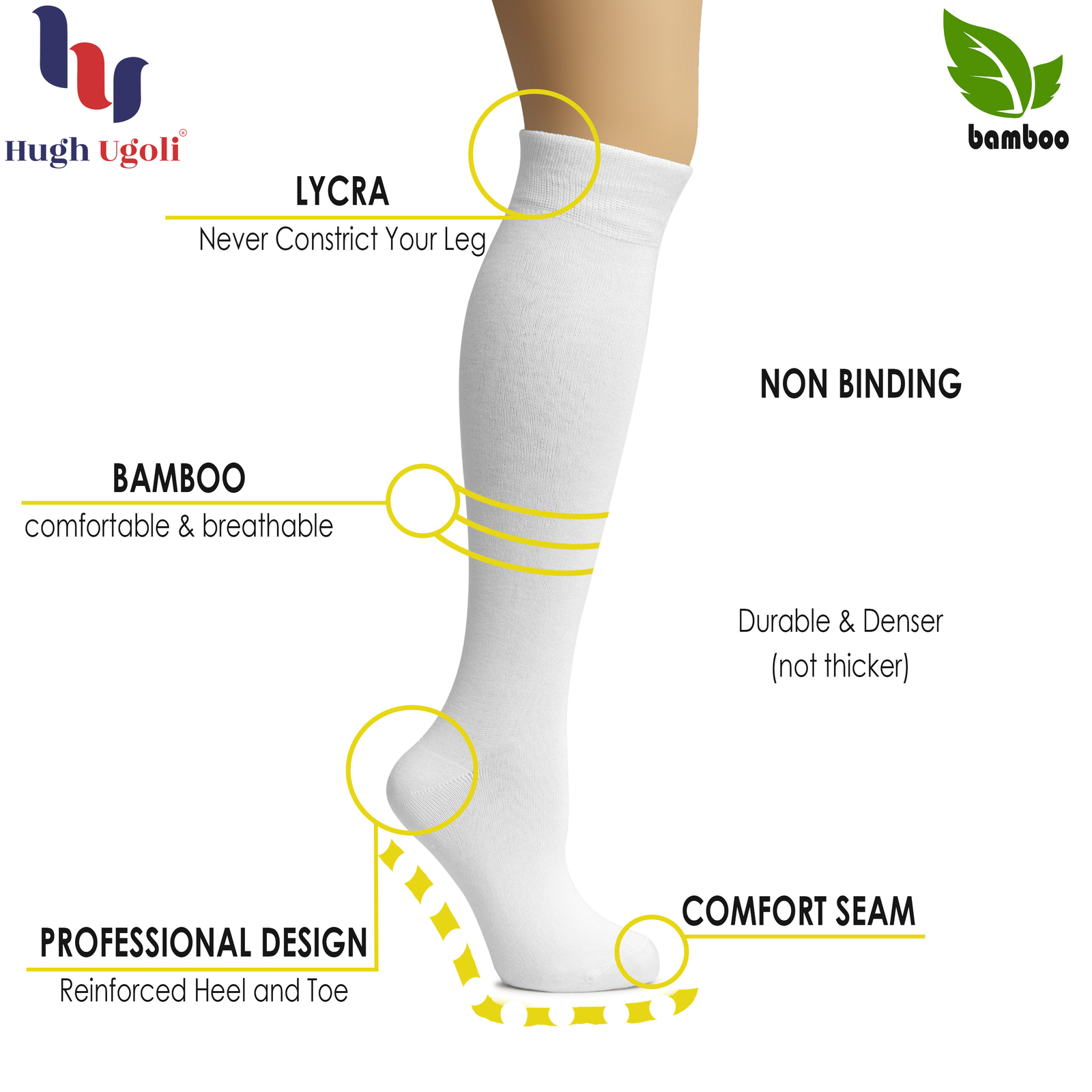 Hugh Ugoli Lightweight Soft Bamboo Women’s Knee High Dress Socks, 4 Pairs