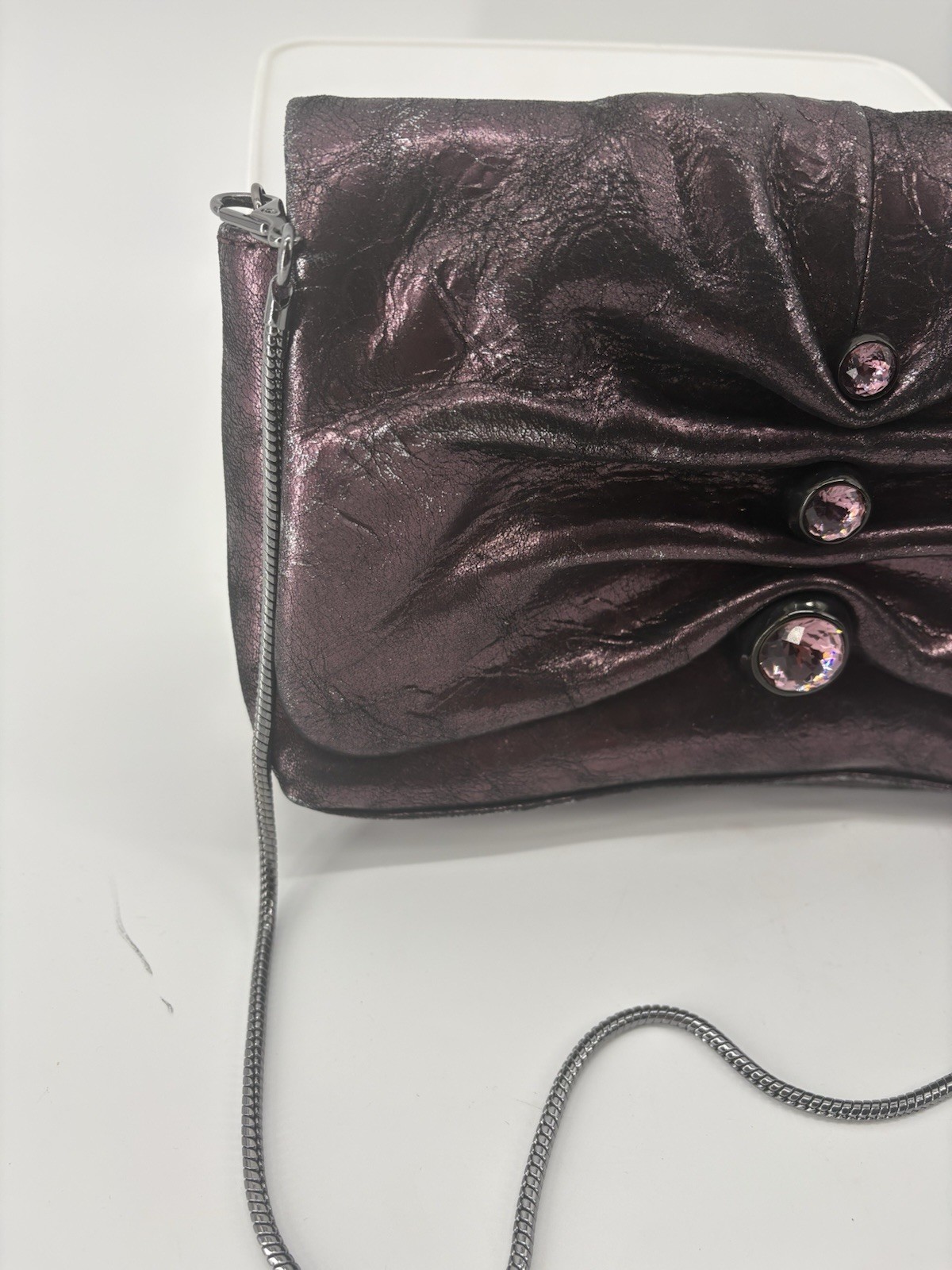 Alexis Bittar Ruched Crystal Crossbody Bag Dark Plum Leather Swarovski NWOT