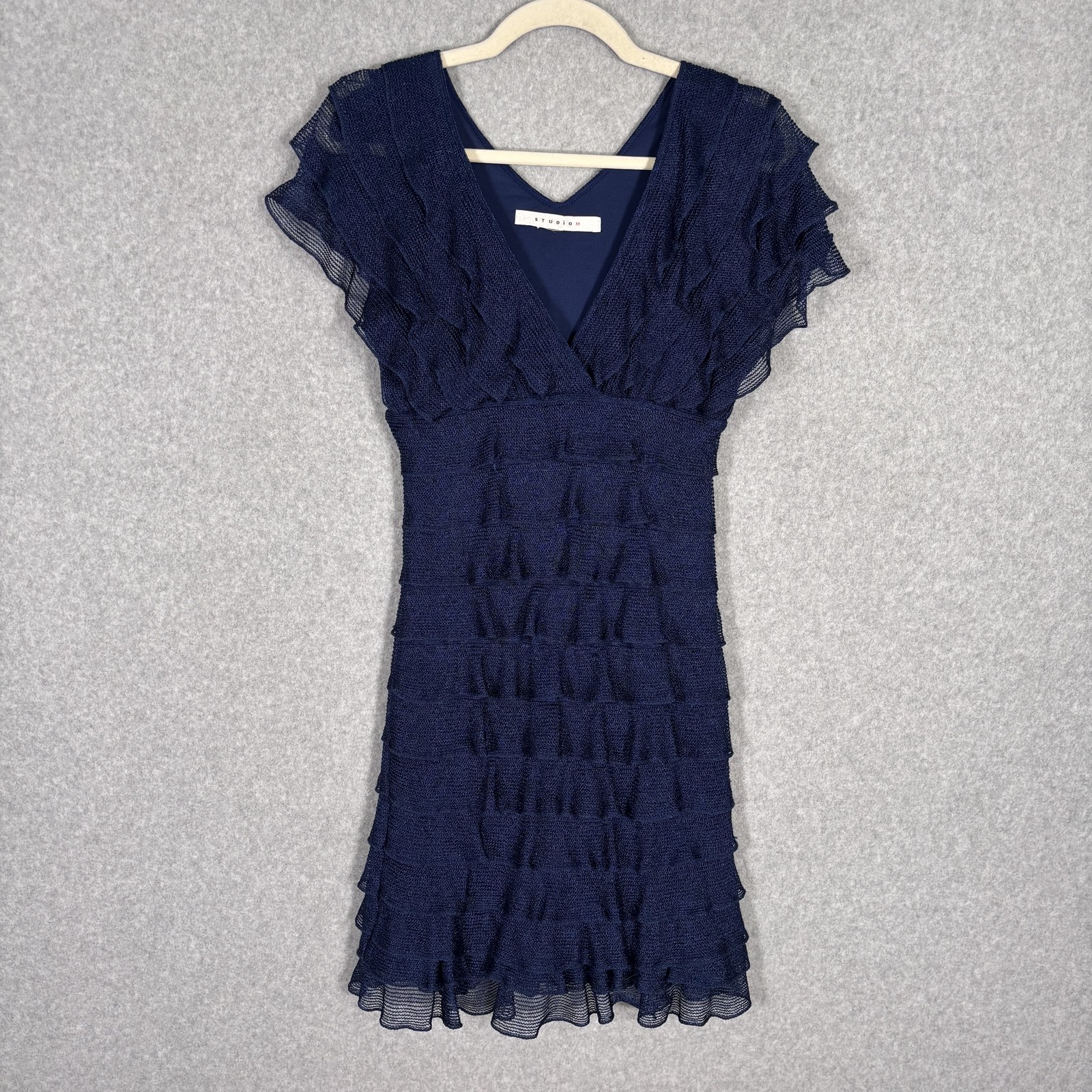 Studio M Dress Medium Navy Knit Crochet Ruffle Tiered Layered Fairy 90s Romantic