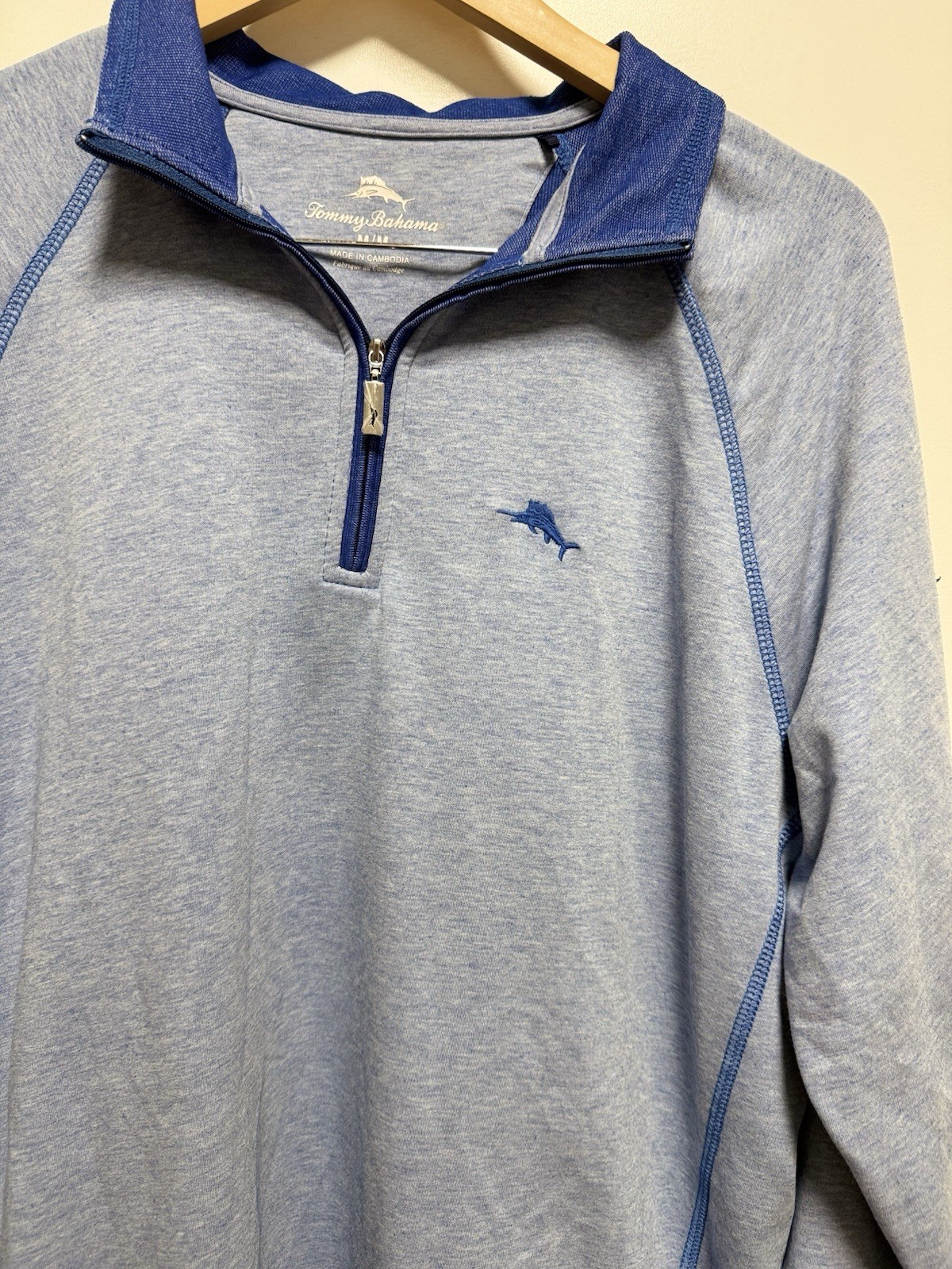 Tommy Bahama Mens Pullover Shirt M 1/4 Zip Long Sleeve Mock Collar Blue