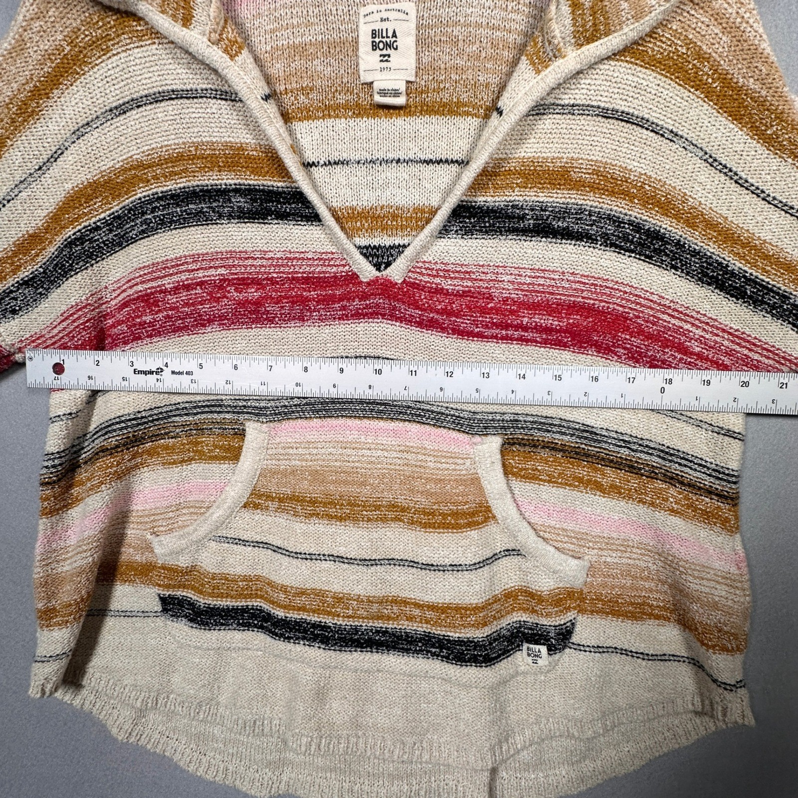 Billabong Womens Striped Knit Hoodie Sweater Multicolor V-Neck Coastal Boho L