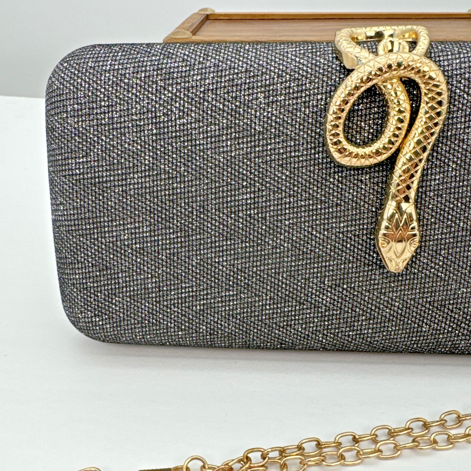 Silver Sparkle Crystal Evening Purse Clutch Gold Snake Clasp Square Bag Chain