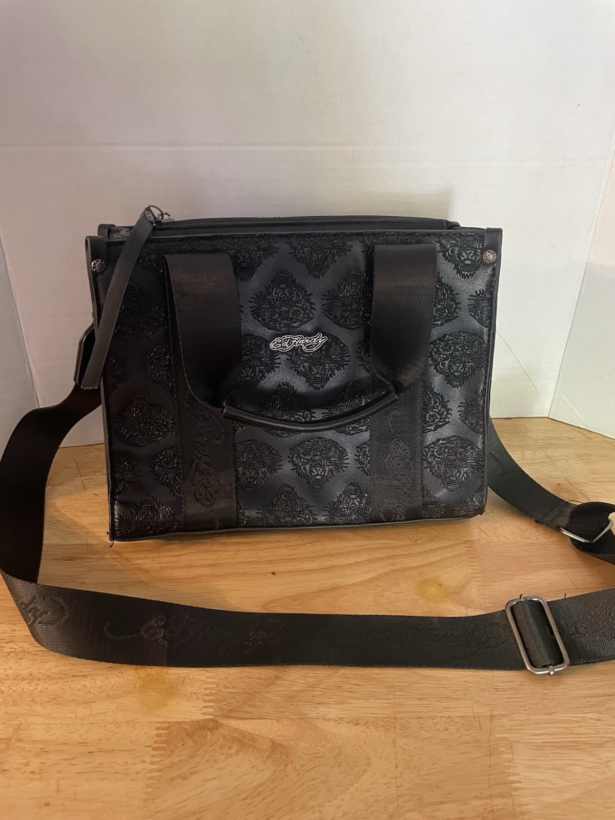 Ed Hardy Black Tiger Animal Print Satchel Top Handle Crossbody Zip Bag