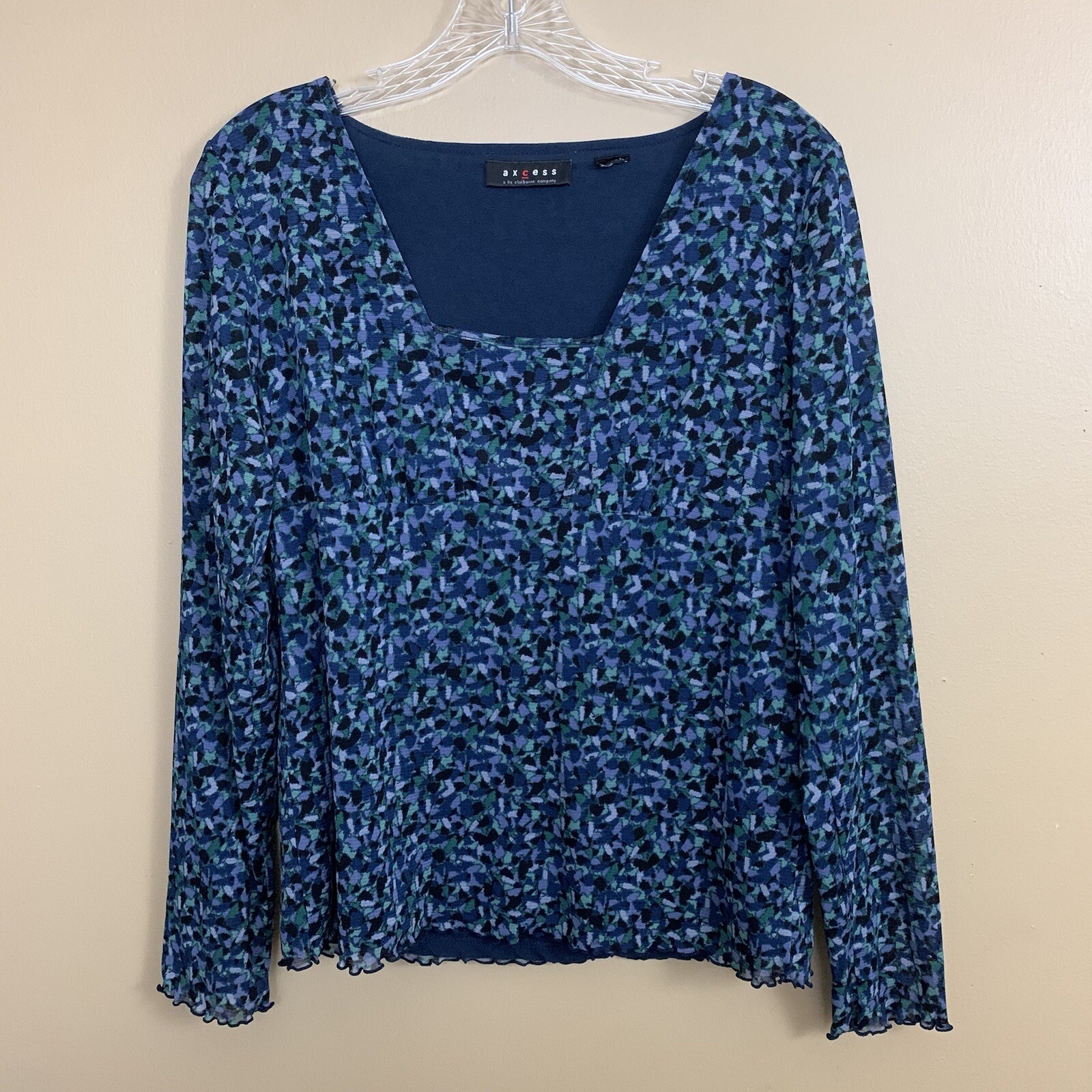 Axcess Blouse Womens Medium Blue Green Geometric Scalloped Trim Mesh Lined Top
