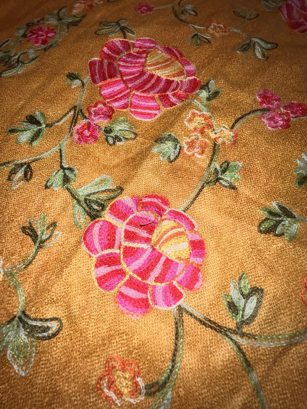 Gold Floral Embroidered Light Wool Wrap Scarf 26” X 66.5” Fringe