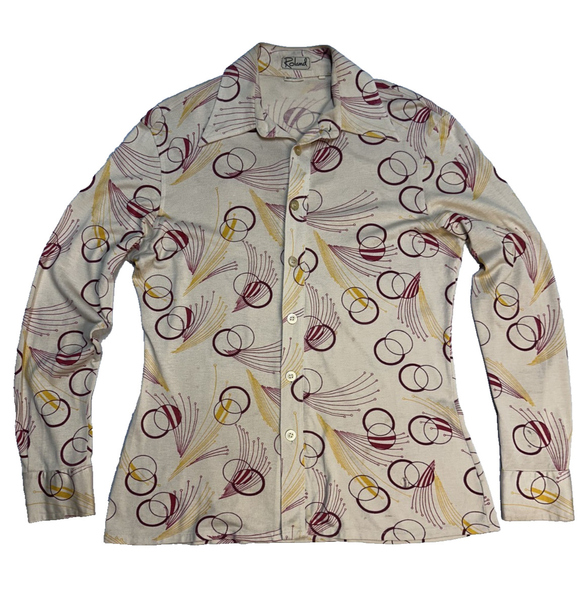 VTG Roland Kosser Shirt Mens Large Beige and Red Knit 70s Disco Dagger Collar