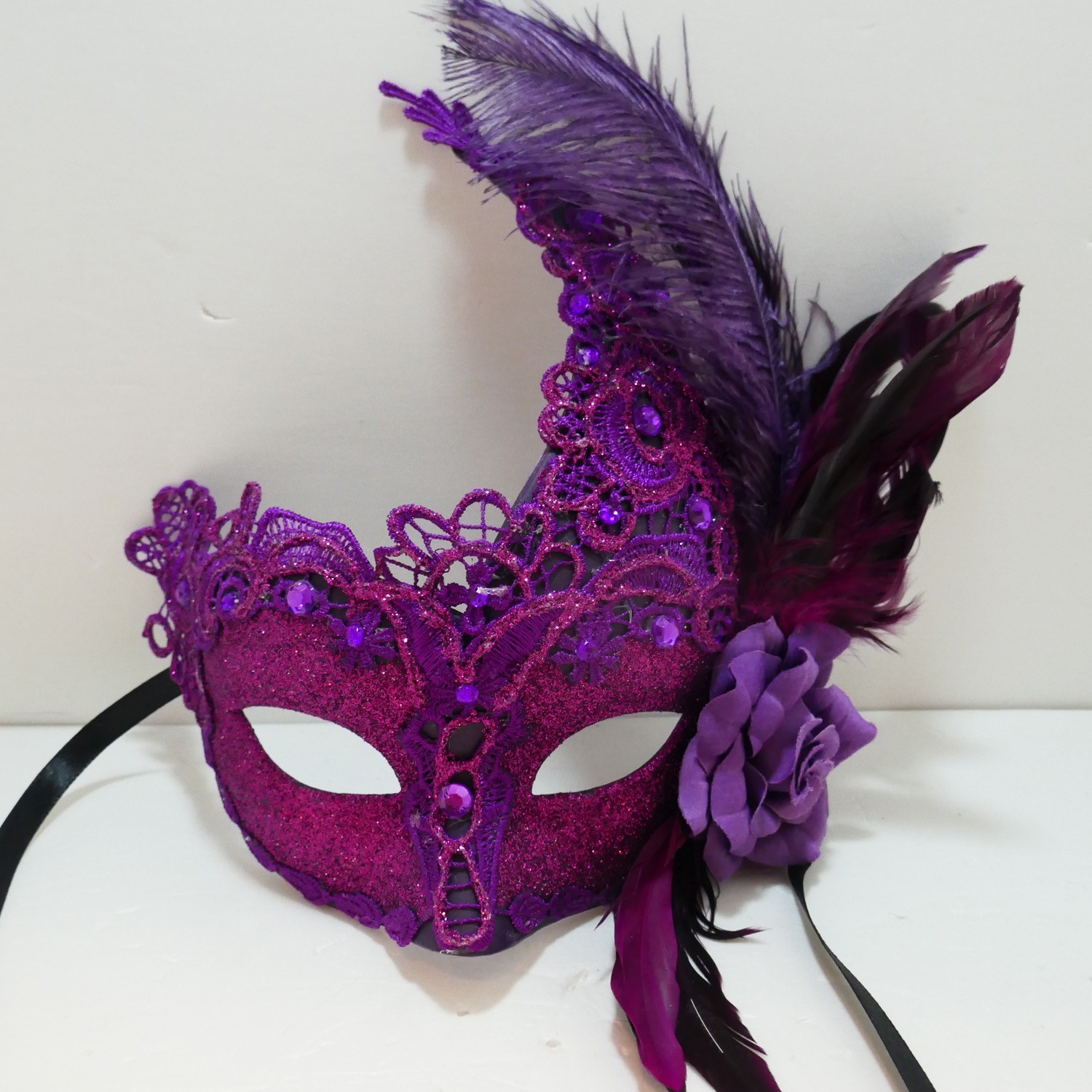 Venetian Adult Eye Mask with Feather Accents & Ribbon Ties Purple glitter rose