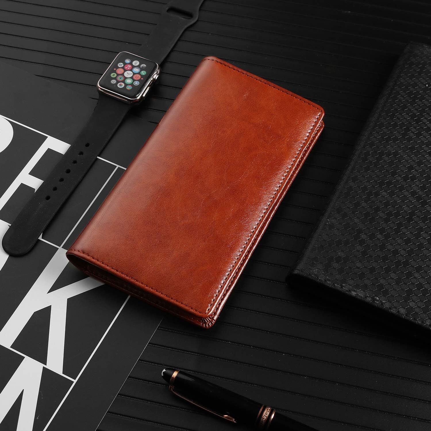 Leather Checkbook Cover: Built-In Divider, Pen Holder, RFID Blocking