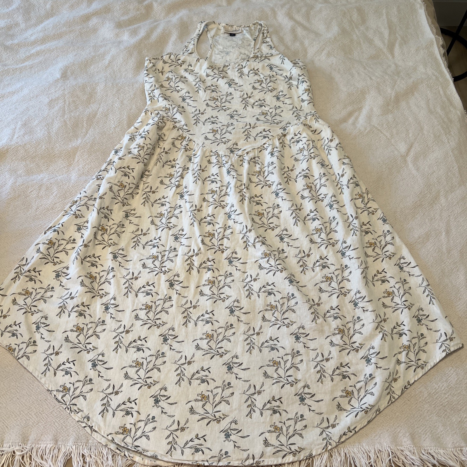 M Floral Linen Blend Cottage Basque Waist Racer Back Sleeveless Dress Pockets