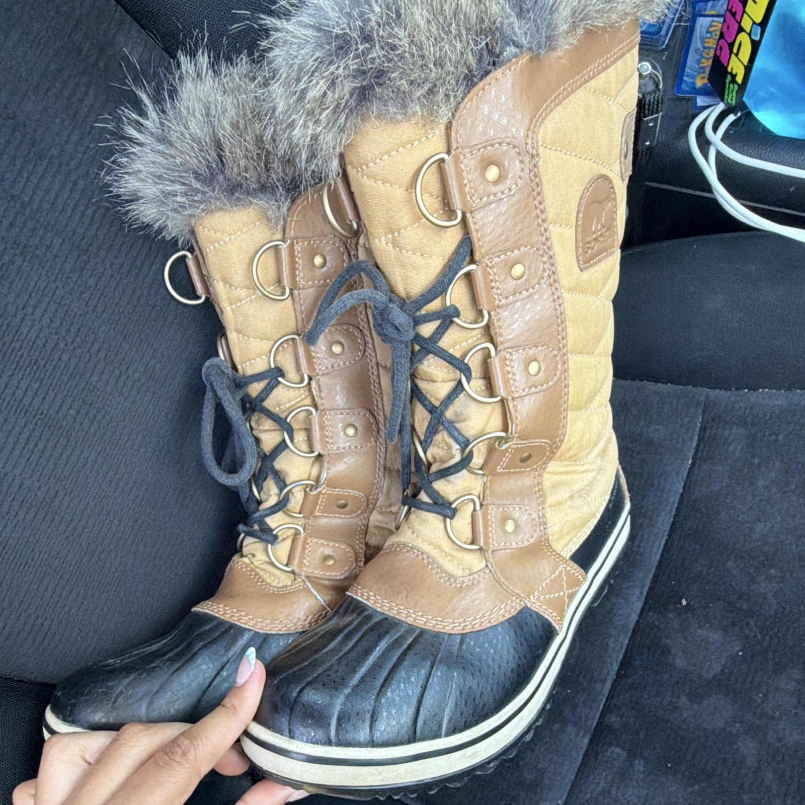 Sorel Women’s Snow Boots Quilted Faux Fur Fur Trim Lace-Up Mid-Calf 8.5