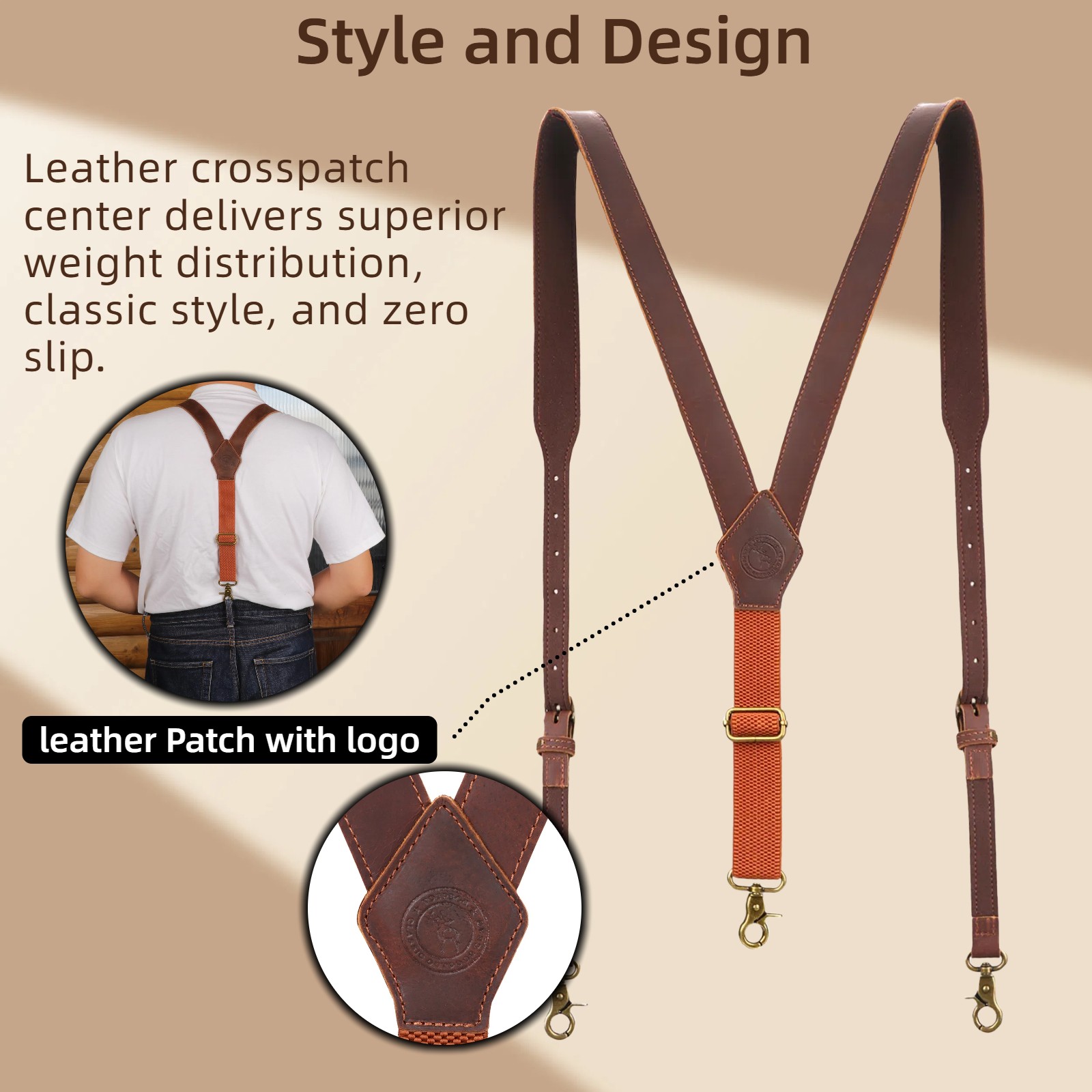 Tourbon Men’s Suspenders Y Back Adjustable Leather Y-Shaped 3 Hooks Pants Braces