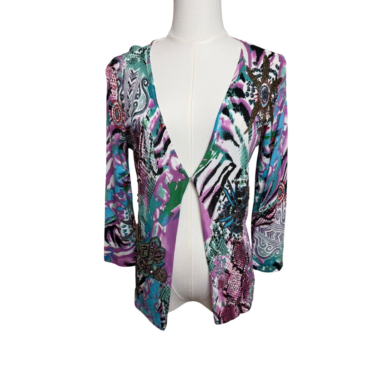 Alberto Makali Womens Beaded Mixed Print Open Front Cardigan Purple Teal Small