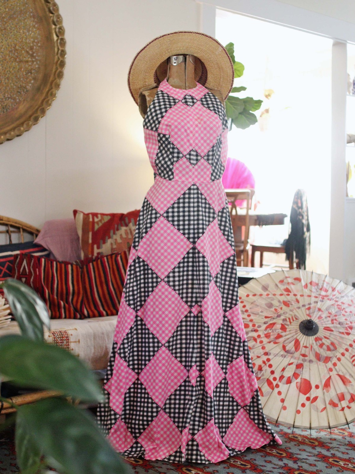 VTG 1960s Cotton Gingham Check Print Pink Black White Halter Maxi Party Dress
