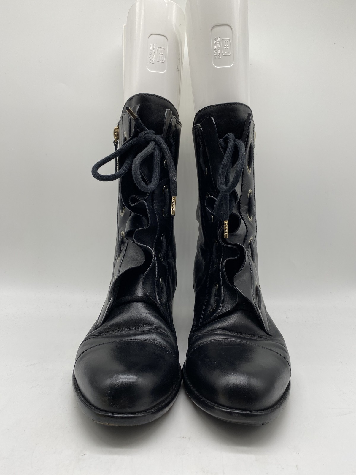 Valentino Garavani Black Leather Ruffle Lace-Up Side Zip Boots Size 40 COA
