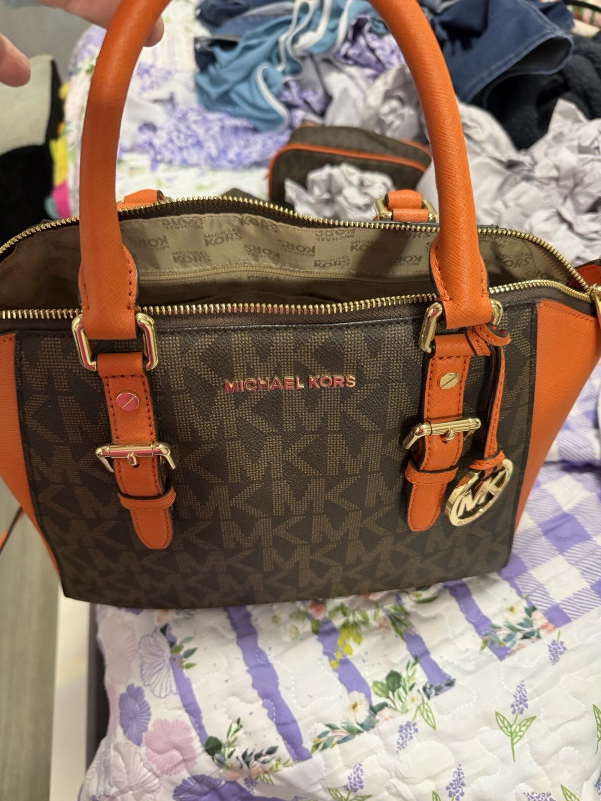 Michael Kors L Logo Satchel Top Handle Brown/Orange Gold Zip, Detachable Strap