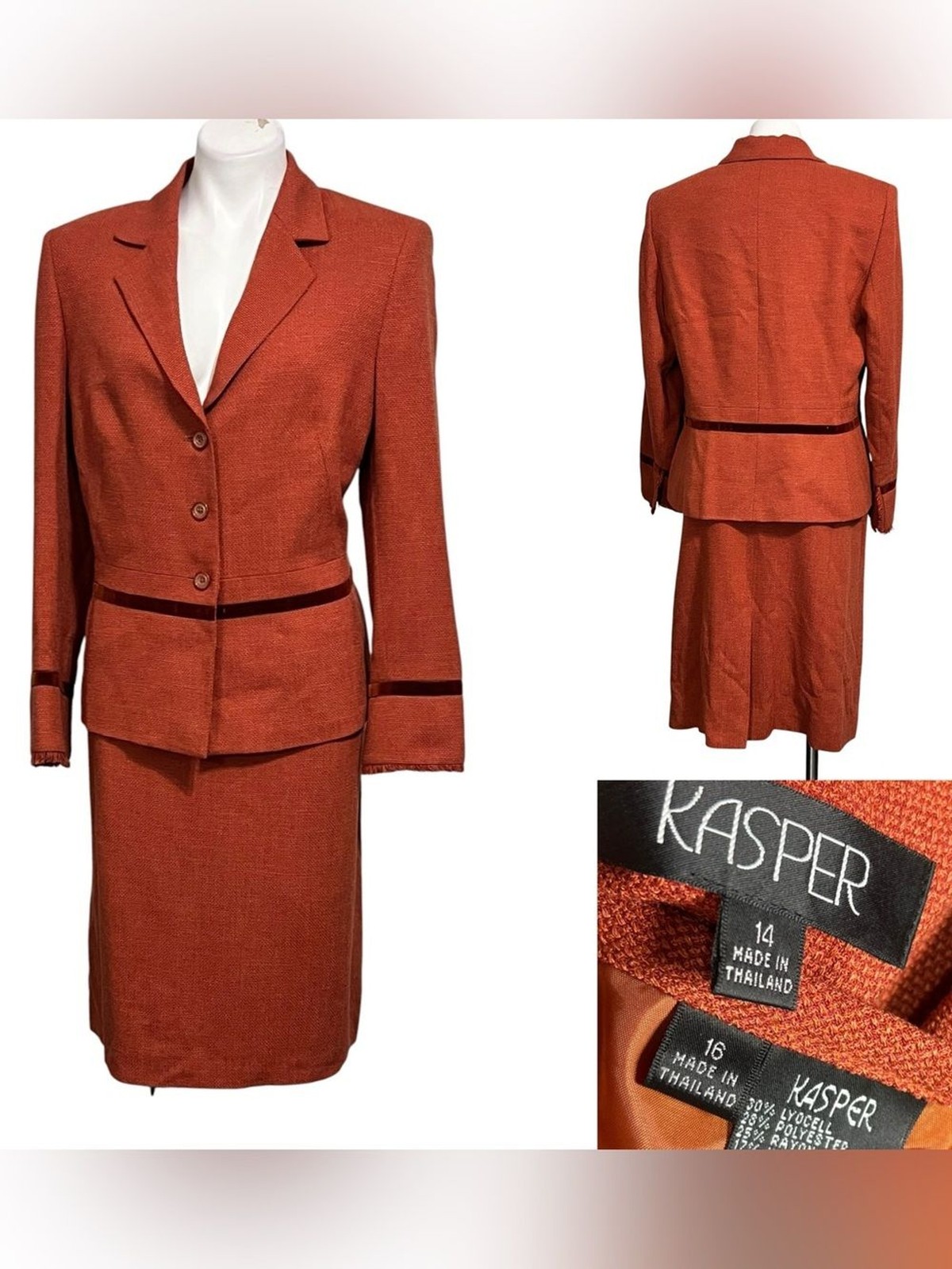 Kasper Two-Piece Skirt Suit 14/16 Rust Orange fringe/suede detail office Vtg