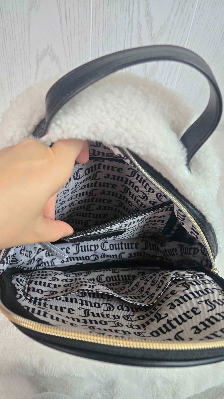 Juicy Couture Y2K Black & White Faux Sherpa Flashback Small Plush Backpack Purse