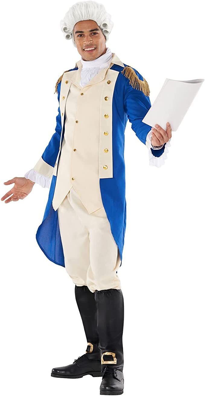 Men`s George Washington Costume + Wig Adult Colonial President Outfit Halloween