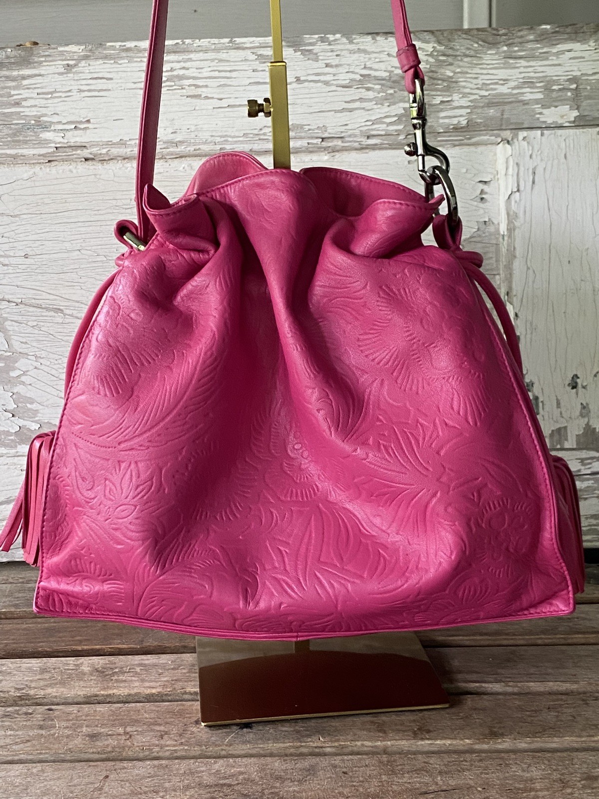 Loewe Flamenco Tassel Crossbody & Shoulder Bag Hot Pink Embossed Floral Lambskin