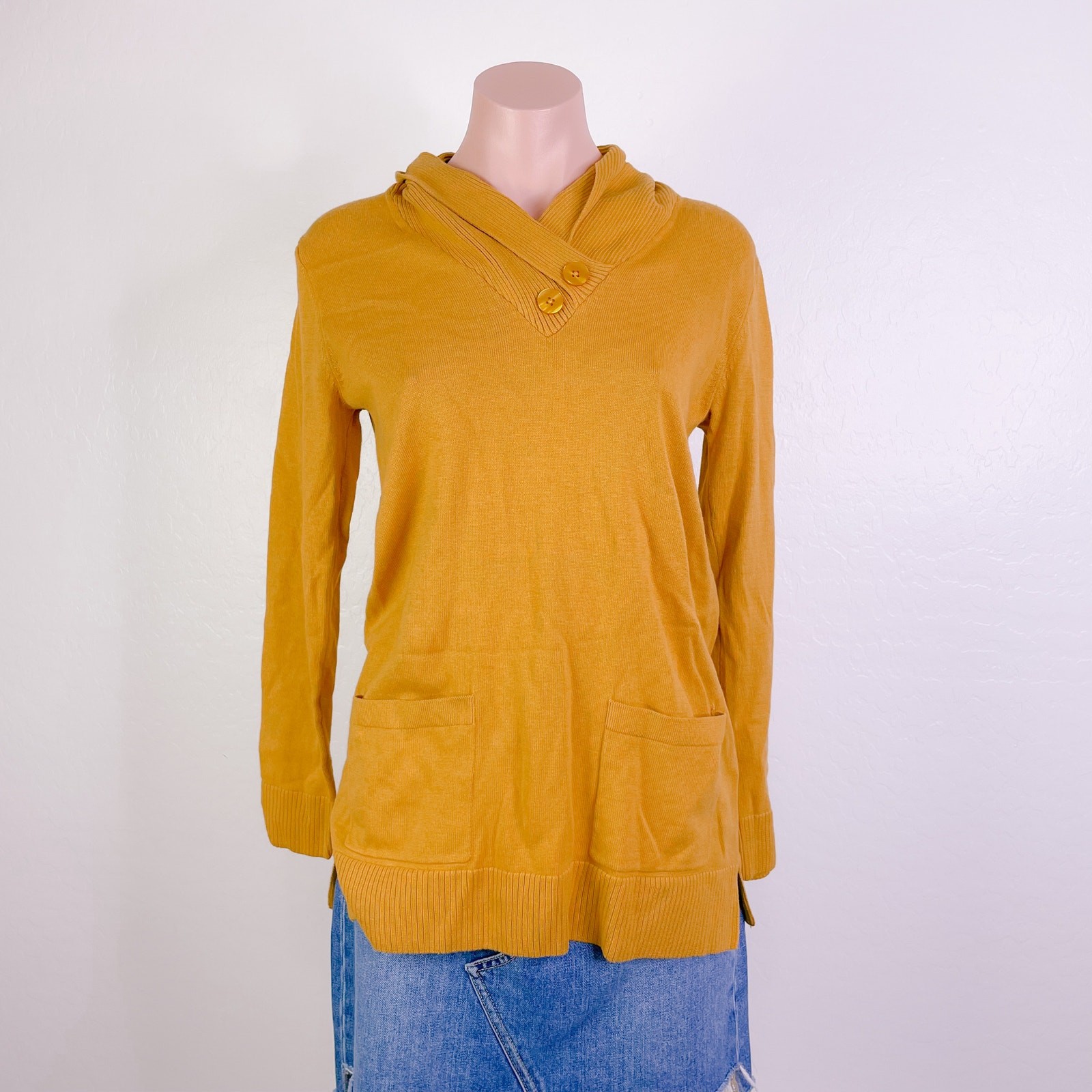 Jeanne Pierre Button Accent Cowl Neck Pullover Sweater Maple Gold size S NWT