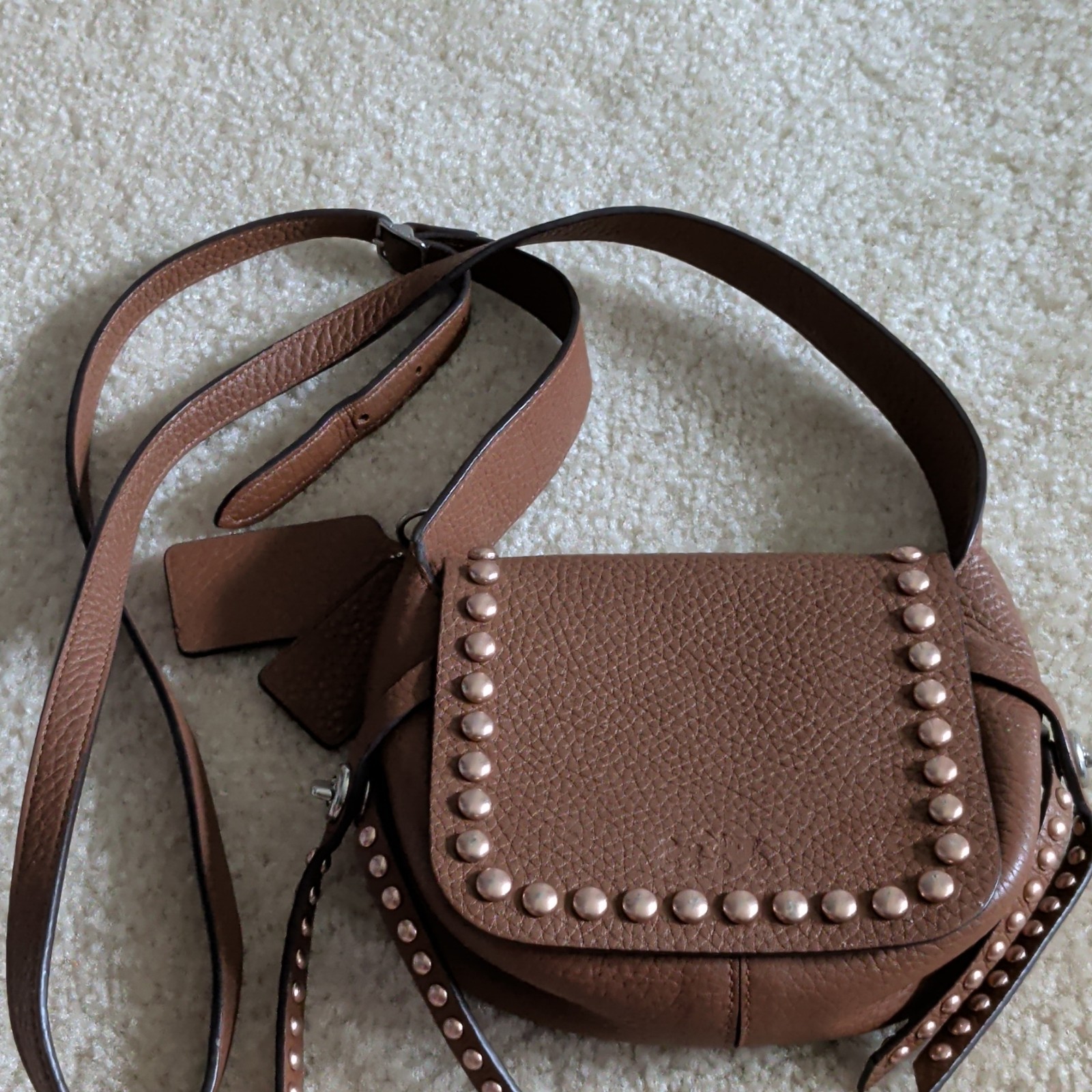 Brown Pebbled Studded Saddle Small Crossbody Bag, Adjustable Strap Magnetic