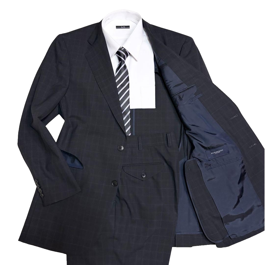 Burberry London Suit Set Men L Black Navy Plaid Wool Mohair 2B Jacket Pants