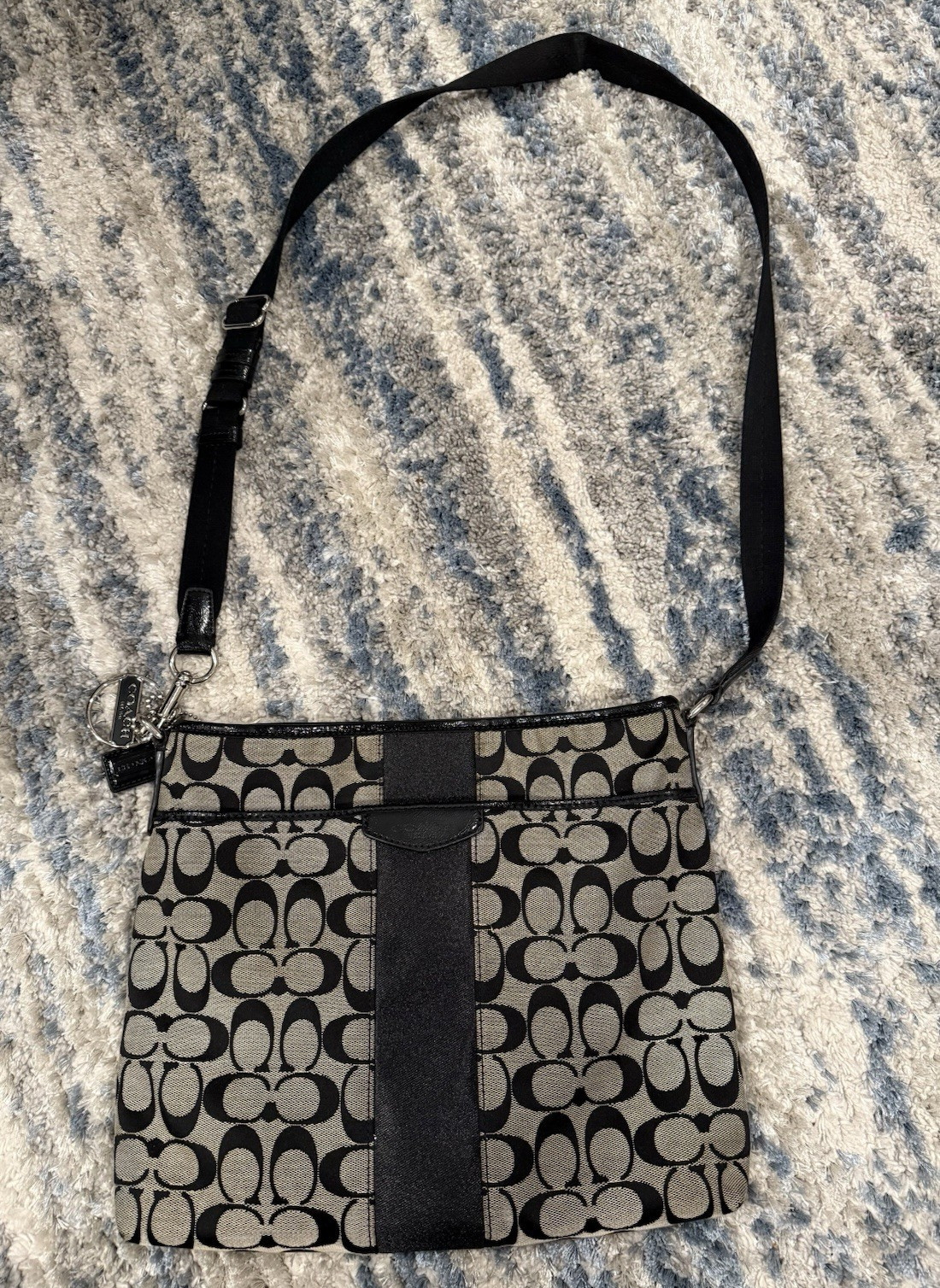Coach Signature Logo Zip Crossbody Bag Black/Gray Adjustable Strap Bag Charm