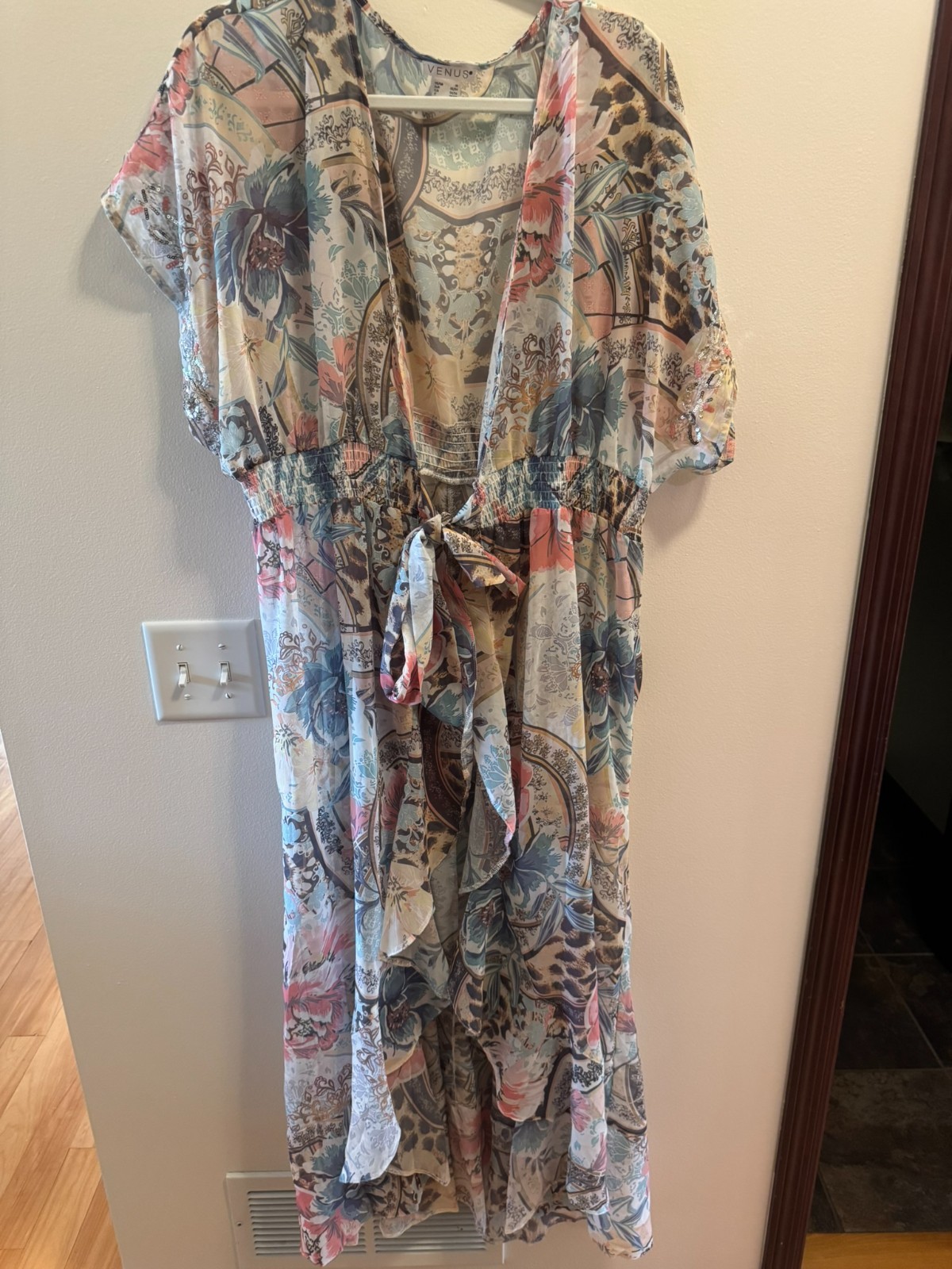 Venus 1X Multicolor Floral Paisley Sequin Kaftan Maxi Dress Duster Coverup Plus